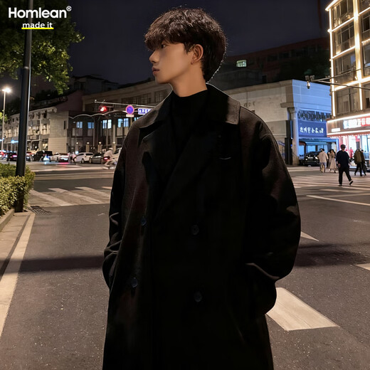 Homlean woolen coat jacket men's autumn and winter mid-length Korean style high-end loose knee-length woolen windbreaker HT21 black M