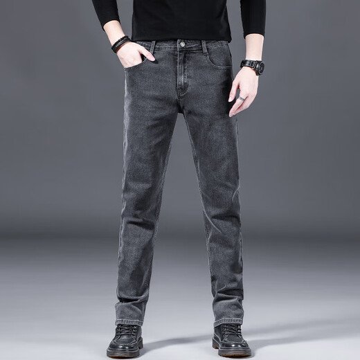 Winter velvet jeans for men, winter thickened, loose, trendy, straight elastic, warm trousers, workwear casual pants 900 gray, autumn and winter, cold protection, velvet 33, recommended 140-150 Jin Jin equals 0.5 kg
