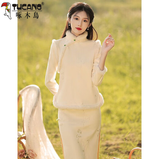 Woodpecker Winter Cheongsam 2025 New Velvet Thickened Winter Tea Clothes New Chinese Tea Artist Clothes Long Dress Women Off-White Velvet Thickened L