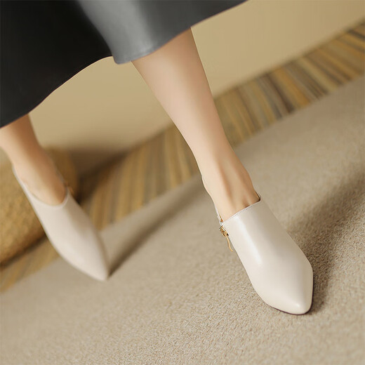 Belle French ankle boots for women spring and autumn single boots sheepskin winter pointed toe deep mouth high heels women's stiletto leather shallow mouth short boots white 35