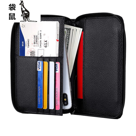 袋鼠（KANGAROO）护照包头层牛皮出国旅游钱包rfid护照本防盗刷卡位证件包 黑色