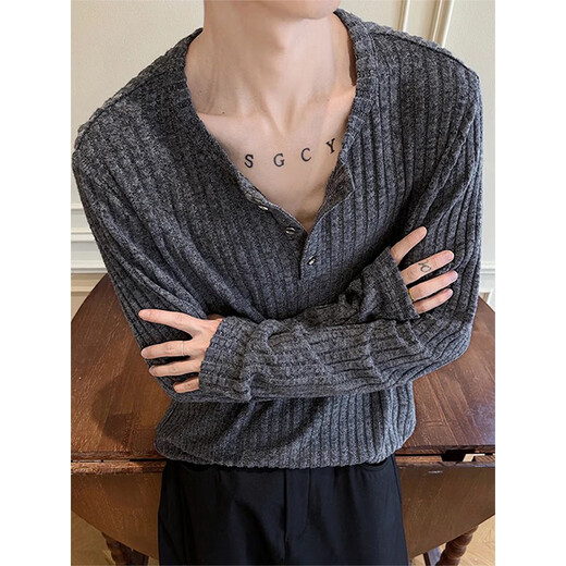 Junyin cleanfit right shoulder long-sleeved T-shirt men's autumn new high-end Henry collar knitted sweatshirt with base layer dark gray XL