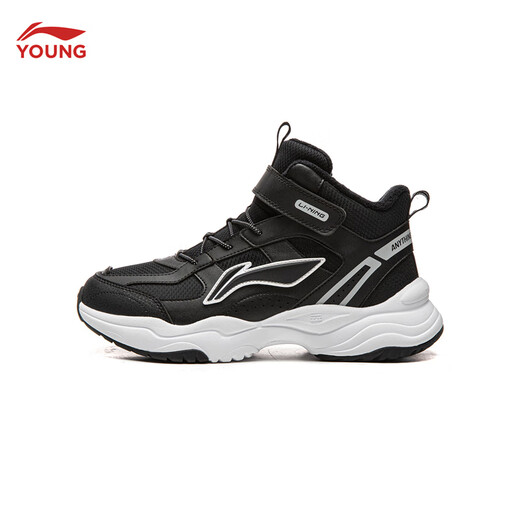 Li Ning children's shoes, children's cotton shoes, sports shoes, men's and women's, velvet, reflective, water-repellent, mid-top casual shoes, YKCU224, velvet, black-9 34