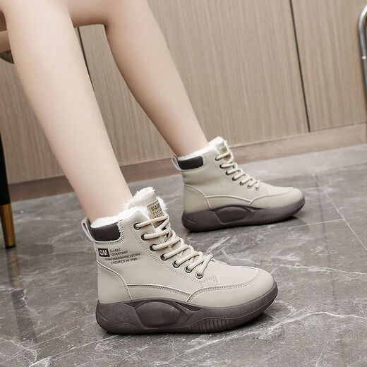 Pull back genuine leather Northeastern snow boots for women, winter velvet-stomping cotton boots, waterproof, thickened and warm, high-top large cotton shoes, khaki upgraded version, store manager, velvet 38