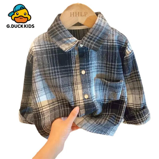 G.duck Little Yellow Duck Children's Retro Plaid Shirt Autumn New Girls Korean Lapel Jacket Boys Long Sleeve Fashionable Y Pink Shirt 90 cm