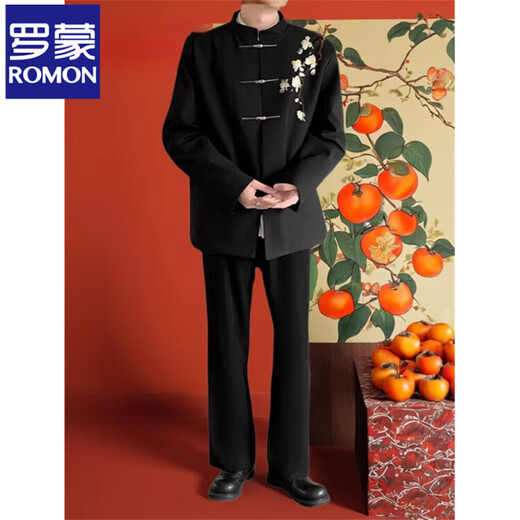 ROMON Haute Couture New Chinese Groom's Suit White Magnolia Flower Embroidered Stand Collar Tunic Suit Jacket Engagement Dress XF66 White Magnolia Black (Single Suit) 2XL