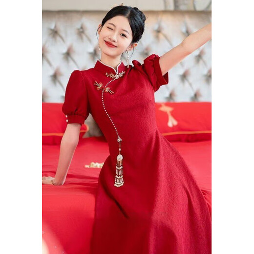 Pubindi Bridal Toast Wear Chinese Cheongsam Toast Wear 2025 New New Red Bride Wedding Engagement Return Dress Burgundy XS