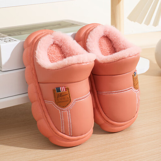 Autumn and winter cotton slippers for boys and girls, thick-soled non-slip cotton slippers for indoor and outdoor use, plus velvet and warm cotton slippers for boys and girls, leather label T-grey 12 38/39 adult one size smaller