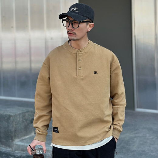 Kuraishi Kazuki American trendy brand Henry collar long-sleeved T-shirt for men 2025 autumn and winter new velvet casual sweatshirt Henry shirt jacket black M 110-130Jin Jin equals 0.5 kg