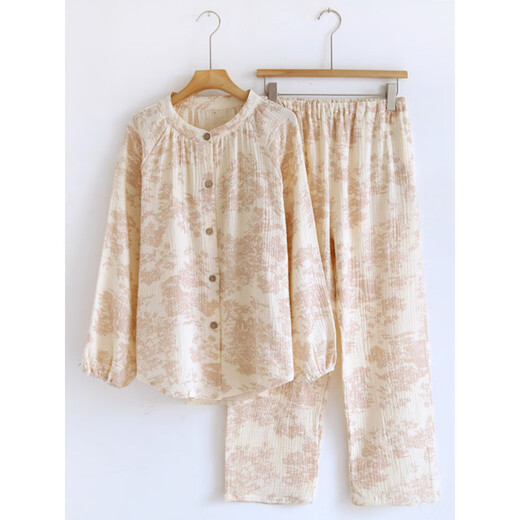Langsha Pure Cotton Pajama Женская японская круглая шея весна и осень-летние длинные рукава тонкая двойная марляная конопляная конопля для дома белые осадки [детская марла-круглая шея] L [115-135Jin [Джин равняется 0,5 кг]]