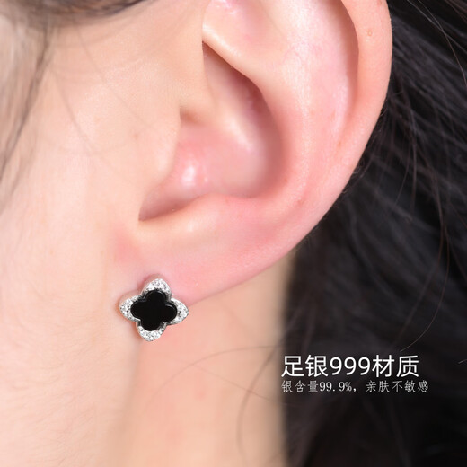 Four-leaf clover earrings sterling silver women's 999 silver earrings genuine black light luxury high-end earrings new 2025 hot style
