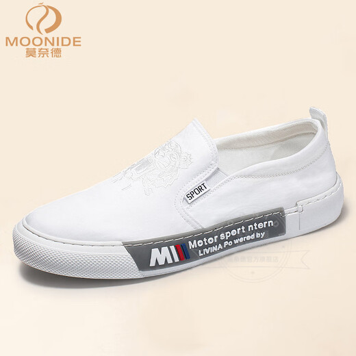 莫奈德奢侈高端品牌帆布鞋男一脚蹬懒人鞋百搭透气布鞋乐福鞋子男潮鞋 白色 41