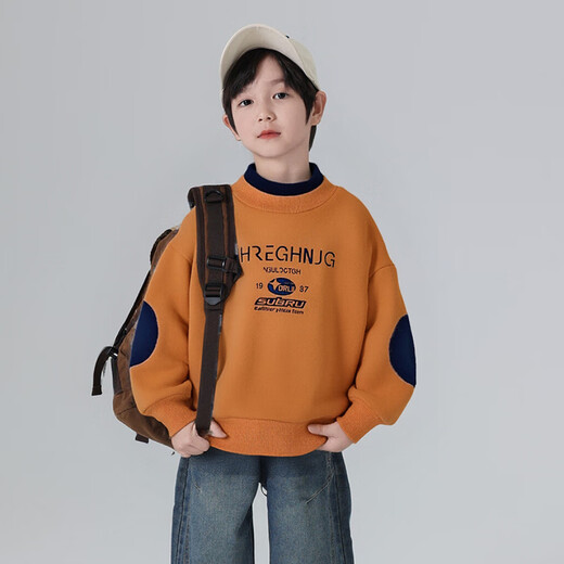 Youyou Fairy Tale Autumn and Winter Children's Sweater Plush Style 2025 Boys' Winter Clothes Thickened Bottoming Shirt for Medium and Big Children with a Fashionable Inner Style Orange 170 80
