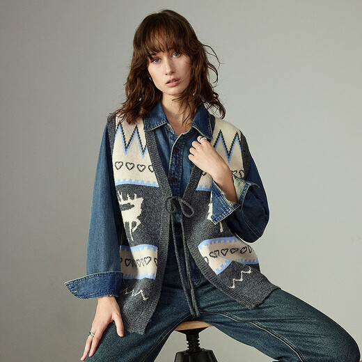 Chuyu Sweater Women's 2025 Winter New Nordic Style Elk Jacquard Arctic Velvet V-neck Sleeveless Jacket Top Dark Gray S