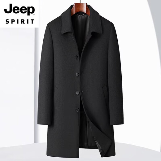 JEEP SPIRIT2025 New Cashmere Coat for Men, Middle-aged and Elderly Dads Autumn and Winter Wool Woolen Windbreaker Jacket Thickened Black Regular M 170 Recommended 100-125 Jin Jin equals 0.5 kg