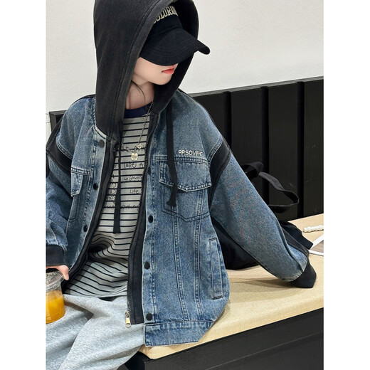 Burwilde international brand girls' denim jacket Korean style spring and autumn 2025 new style for middle-aged and older girls with style and personality hooded blue (jacket) 120 cm