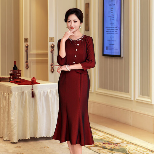 Fumini January high-end brand light luxury happy mother's wedding high-end evening dress eleven temperament happy mother-in-law wedding banquet dress autumn and winter burgundy 3XL