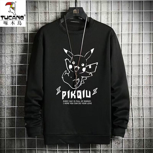 Woodpecker long-sleeved T-shirt men's autumn and winter trendy brand loose round neck bottoming shirt youth casual sports velvet sweatshirt clothes fishing cat white XL