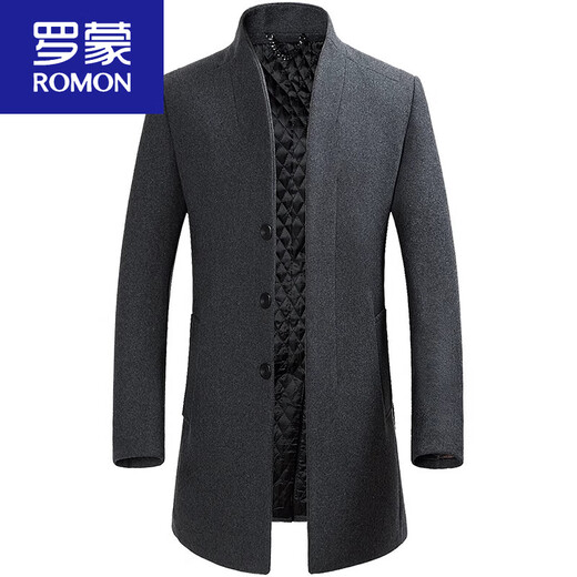 ROMON cashmere coat men's slim winter cotton thickened middle-aged men's stand collar mid-length woolen coat new product gray quilted autumn and winter 5XL 200