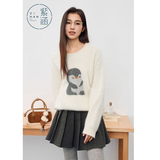 Zihan (ZIHAN) Zihan Wool Brushed Sweater Women's 2025 Winter New Penguin Jacquard Round Neck Loose Warm Inner Sweater Off-White M