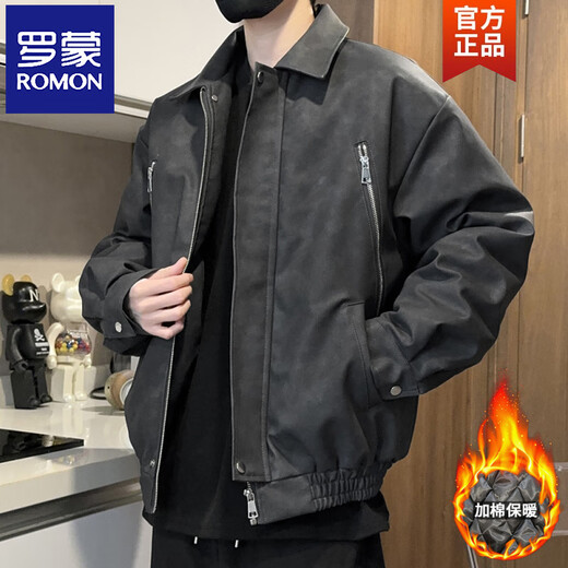 ROMON American retro loose leather jacket for men 2026 spring and autumn PU leather jacket for men and women leather jacket for men matte black (cotton version) M