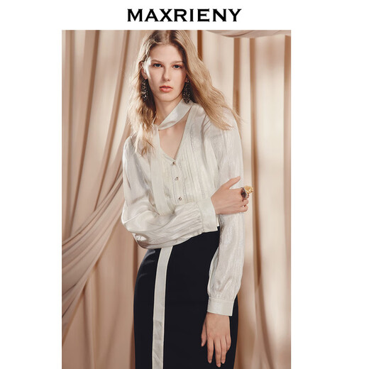 MAXRIENY【商场同款】华贵千金风蝴蝶结飘带蕾丝拼接醋酸缎面衬衫 奶油色 S