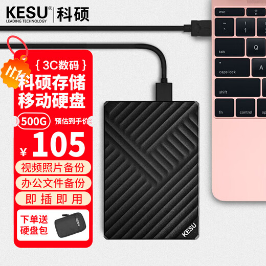 科硕（KESU）移动硬盘USB3.0高速存储手机笔记本电脑连接外接机械硬盘大U盘 500G+硬盘包 K2519-时尚黑Type-c3.1接口