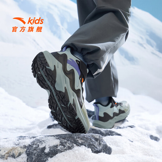 ANTA children's cotton shoes for boys and girls, mountain and river plus velvet to keep warm, 2025 autumn and winter new high-top Velcro anti-ski boots, recommended by the store manager, gray/black/slightly smoked green-6 38, shoe inner length 24cm