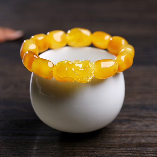 OUCERNY Wealth and Prosperity Beeswax Bracelet Chicken Fat Yellow Shape-Shaped Pixiu Bracelet Natural Raw Stone Full Honey Men's Amber Noble and Attractive (35-37g)