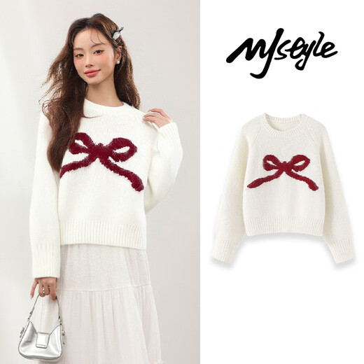 MJ STYLE Qiji red bow short sweater for women 2026 winter sweet style design round neck inner sweater top