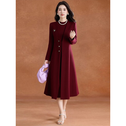 Rabbit style grandma dress autumn and winter plus velvet burgundy woolen dress for women autumn and winter noble light luxury western style mother two pieces red generous and decent to attend important occasions formal XL (suitable for 116-125 Jin Jin is equal to 0.5 kg)