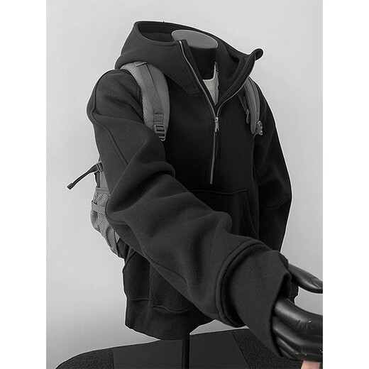 棉致美式半拉链连帽卫衣男秋冬季新款重磅cleanfit休闲上衣外套加绒 Y501白灰色【常规高品质37】 XL 120-140斤