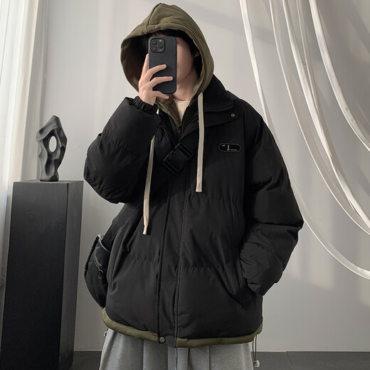 VUUG fake two-piece hooded thickened down cotton coat men's winter bread coat and cotton coat black XL