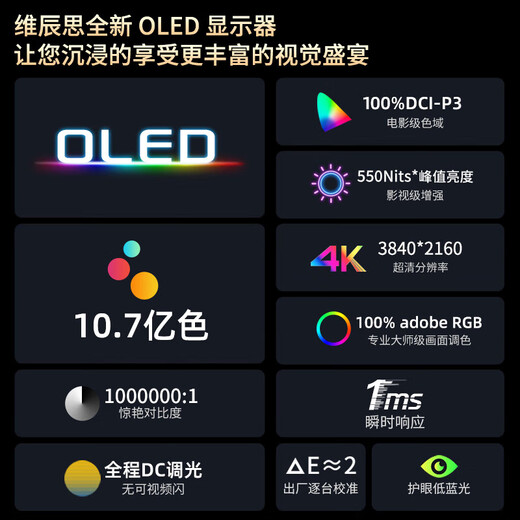 Vichensi OLED selbstleuchtendes 4K-tragbares Display, externes Mobiltelefon, Computer, Notebook, Macbook/Ps5/Switch, Büro, Spieldesign, professioneller erweiterter sekundärer Bildschirm, 14 Zoll OLED 4K 16 10 Striche AU14TO