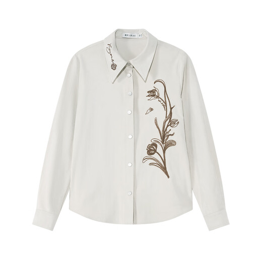 XIRAN 2025 Winter New Product Commuting Versatile Loose Slim Simple Embroidered Lapel Suede Long Sleeve Shirt Women Sunflower White S