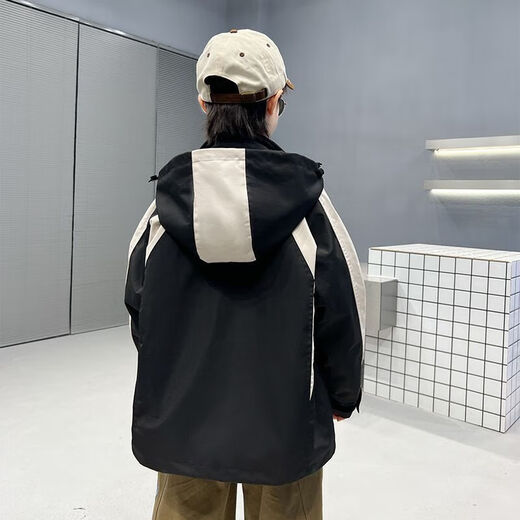 Jacket for boys and girls, three-in-one polar fleece thickened jacket, autumn and winter stylish medium and large children's stylish jacket, black (quilted style + polar fleece liner jacket) two-piece set 160 (recommended height is about 150)