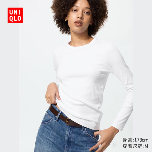 Uniqlo Women's Soft Ribbed Round Neck T-Shirt Long Sleeve Solid Color Basic 474400 479590 470124 479590/00 White M