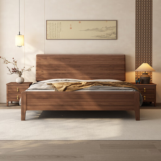Small wooden nest bed black walnut solid wood bed medieval style master bedroom 1.8 meters double bed modern simple large bed wedding bed bed (three-section bed board) 1.5 meters