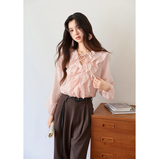 Mystery Show pink fungus ruffled shirt 2025 autumn new V-neck tie design lantern sleeve sweet top pink top M