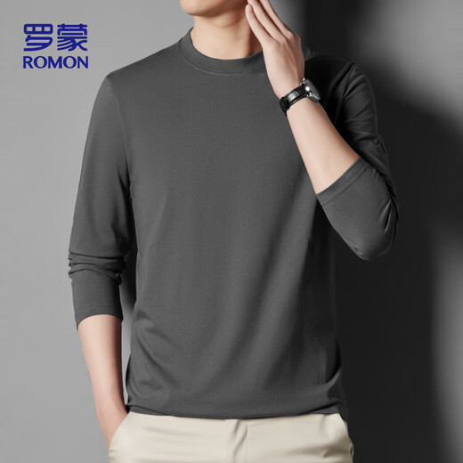 ROMON long-sleeved T-shirt men's spring and autumn solid color men's casual loose cotton bottoming shirt top men's 952 dark gray XL