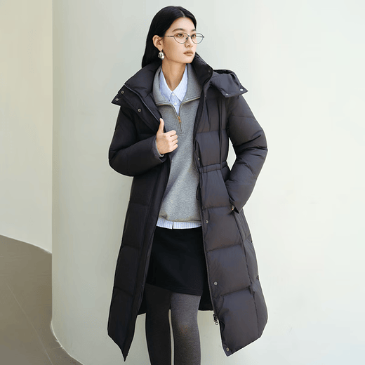 Ai Lai Puff Down Jacket Women's Winter Long Hooded Drawstring Waist Slimming Warm Duck Down Jacket Moon Night Black M