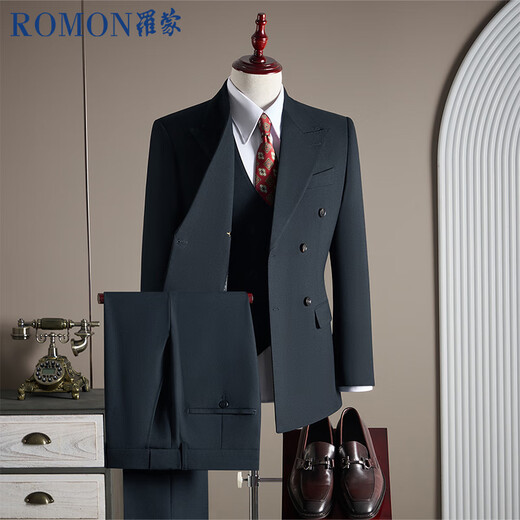 ROMON suit + vest + trousers Modal cotton wool haute blazer business dress jacket men black 2XL