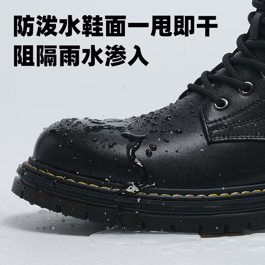 马克华菲马丁靴男士秋冬季棉鞋加绒雪地靴高帮男鞋工装靴子皮靴 纯黑 40