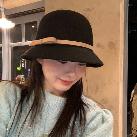 Autumn ballad French woolen Hepburn hat autumn and winter women's chaebol daughter's small top hat elegant temperament small fragrance basin hat black coffee color matching adjustable