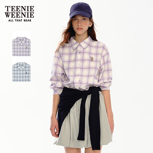 Teenie Weenie Bear Women's Shirt Winter Fashionable Fun Embroidered Color Lapel Plaid Shirt Top Light Purple M