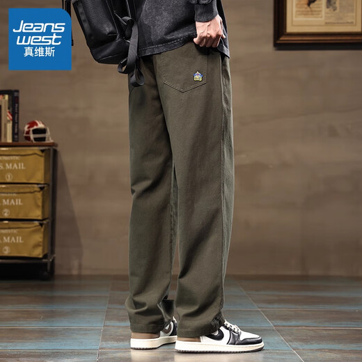 Jeanswest pants men's autumn and winter velvet thickened pure cotton casual pants American workwear loose wide-leg straight sports trousers 9208 military green L (recommended 100-125 Jin Jin equals 0.5 kg)