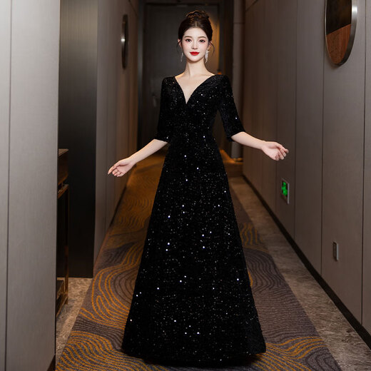 Chuangjingyi Selects Evening Dress Feminine Banquet High-End Luxury Black Art Exam Host Piano Conductor Sequined Party Dress Black S