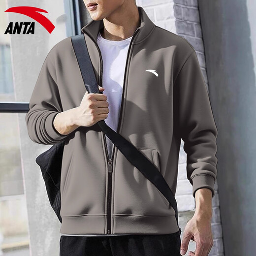 ANTA Soft Shell Sports Jacket Men's 2025 Autumn and Winter New Stand Collar Cardigan Loose Zipper Jacket Sports Casual Wear Top -3 Dusty Gray Regular Style L Suitable for 120-140 Jin Jin equals 0.5 kg
