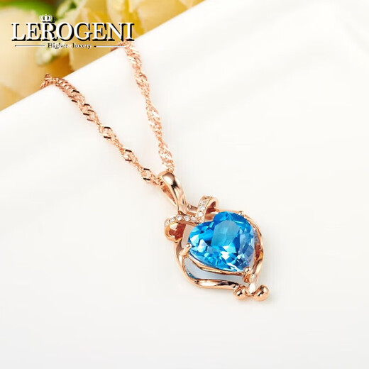 Lirokini Necklace Women's Swiss Blue Topaz Heart of the Ocean Pendant Valentine's Day Birthday Commemorative Gift Swiss Blue Topaz Pendant Brand Gift Box