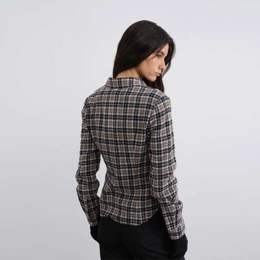 GREEN BELT full wool contrasting color patchwork waist plaid shirt for women 2025 winter casual slim long-sleeved top